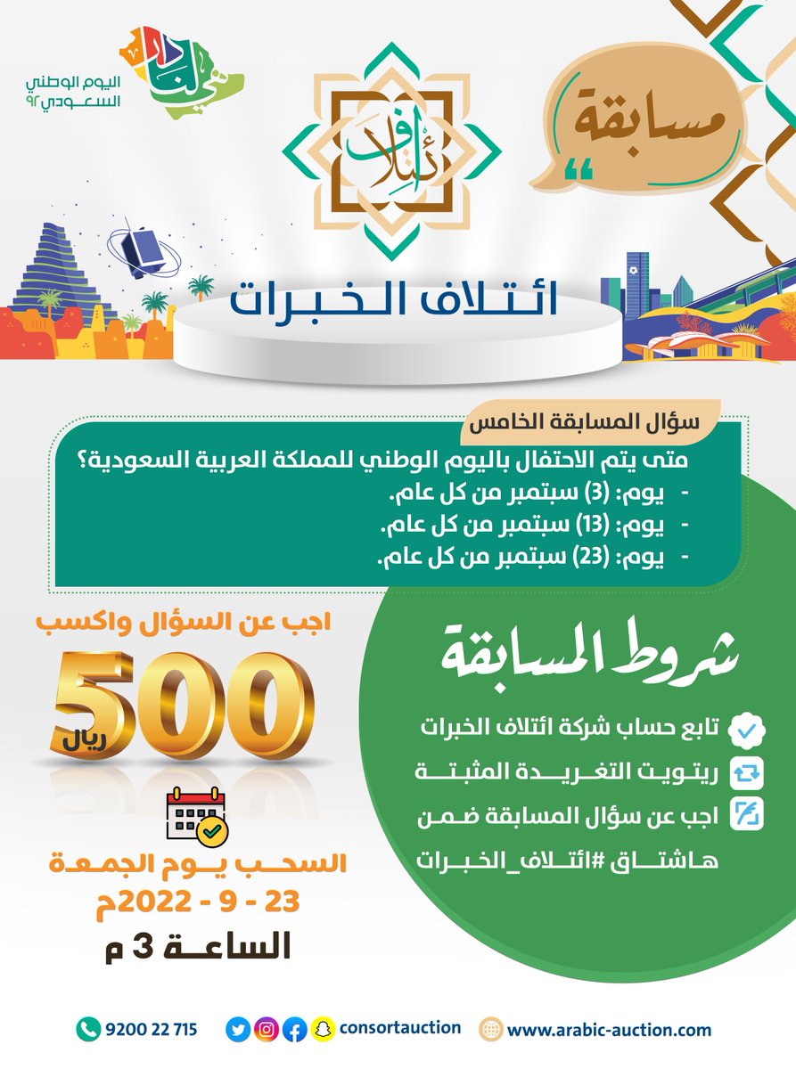 consortauction's tweet photo. #مسابقة_ائتلاف_الخبرات في
#اليوم_الوطني_السعودي_92 

500 ريال 🎁لفائز واحد

السؤال 5⃣
متى يتم الاحتفال بـ #اليوم_الوطني_السعودي ؟
(3) سبتمبر من كل عام
(13) سبتمبر من كل عام
(23) سبتمبر من كل عام
💠التزم بالشروط وفالك الفوز بإذن الله.

#هي_لنا_دار 
#ائتلاف_الخبرات 
#مسابقة #هدايا https://t.co/LLBetSwVot
