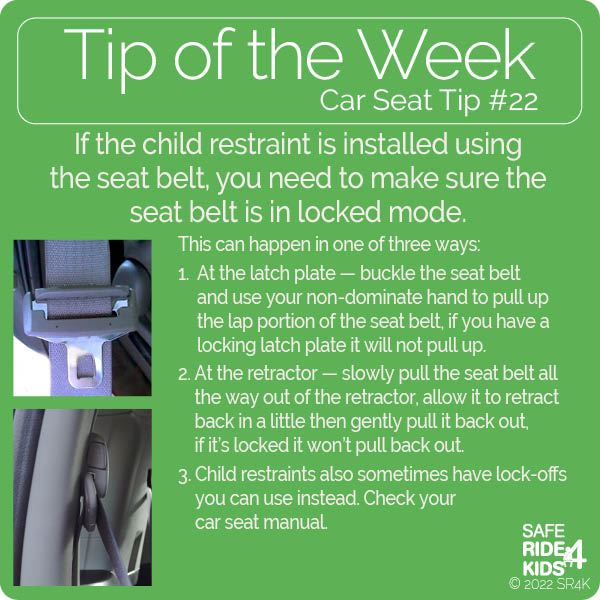 SafeRide4Kids's tweet image. Tip of the week: If using the seat belt to install your car seat, make sure it is somehow locked. 

There are a few ways to lock the seat belt. Your car seat may have a &quot;lock off&quot;, the latchplate on the seat belt or the seat belt retractor. 

#carseatsafety #CPSweek2022
