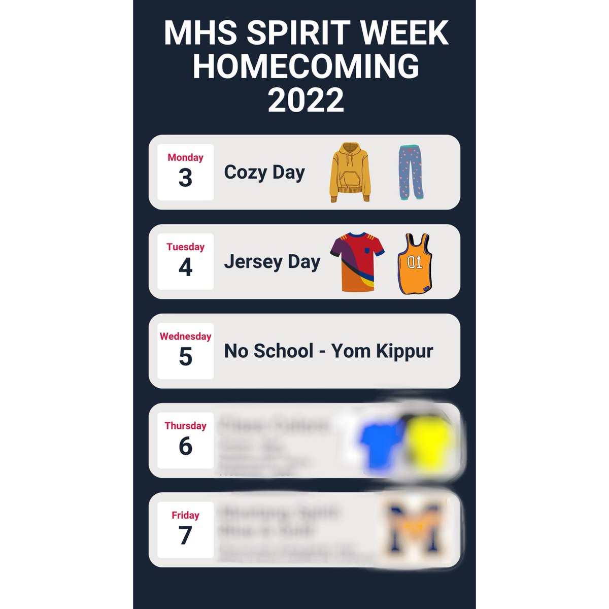 The next spirit week to be revealed is Jersey day! Rep your favorite sports team or athletic jersey to school on Tuesday 10/4!