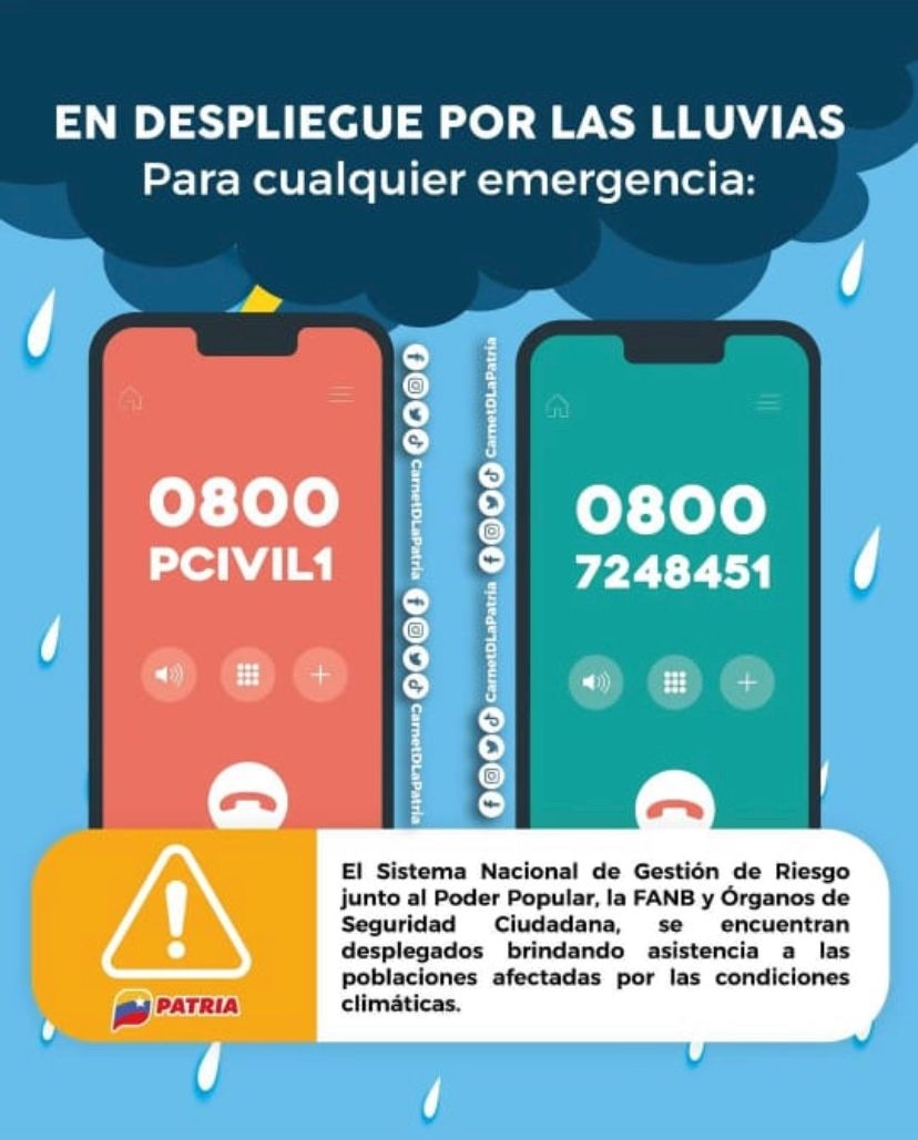 CarnetDLaPatria's tweet photo. #IMPORTANTE El #SistemaPatria te da a conocer en despliegue por las lluvias, para cualquier emergencia, puedes llamar a:
0800 PCIVIL ó al 0800 7248451

#ConEsfuerzoPropio #21Sep https://t.co/dlJQfWXLhW