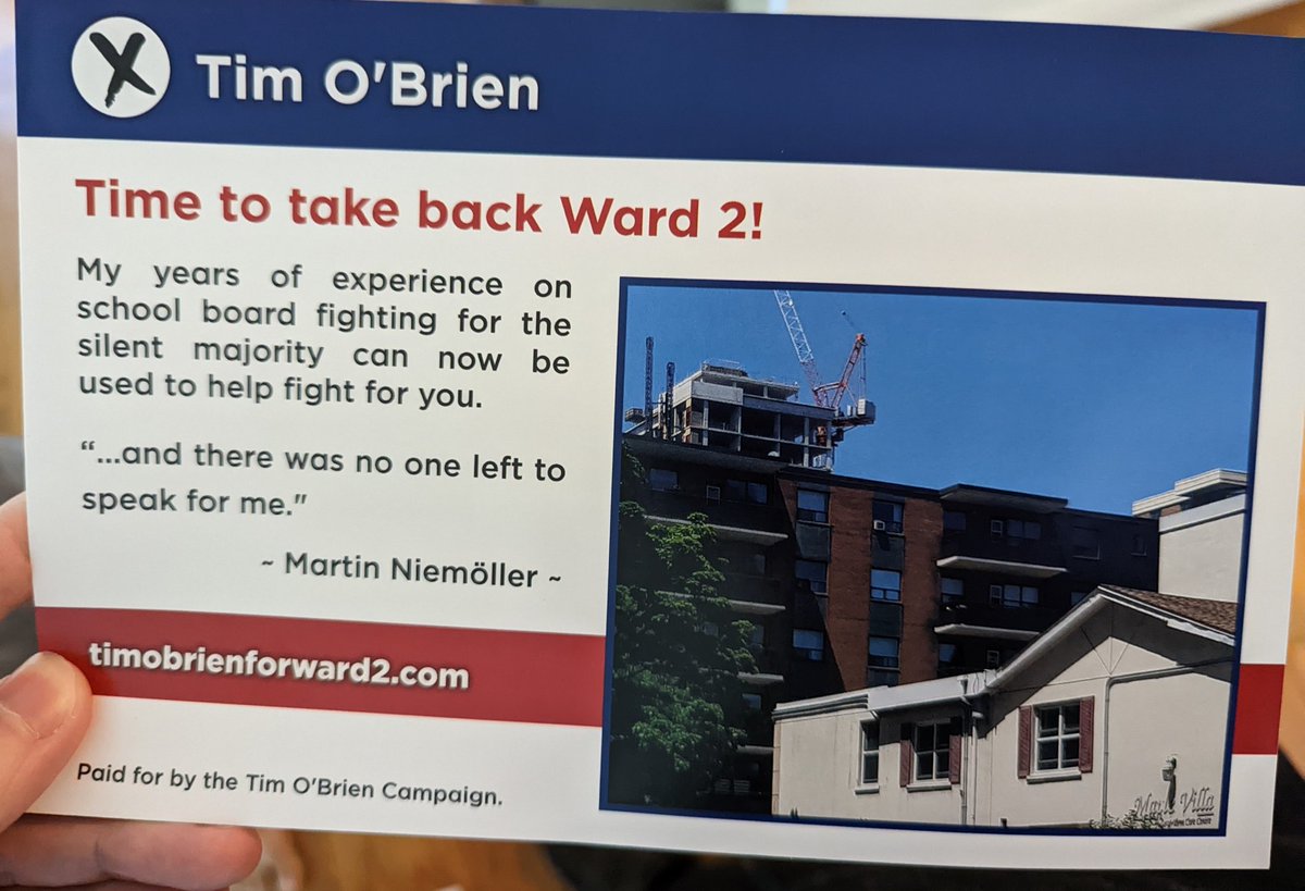 Oliverparker's tweet image. Got a card from a Ward 2 candidate in Burlington who uses a quote by a German theologian about the Nazi purges of the 1930s to equate new housing construction in the downtown. Absolutely shameful stuff. @BurlingtonPost @InsideHalton