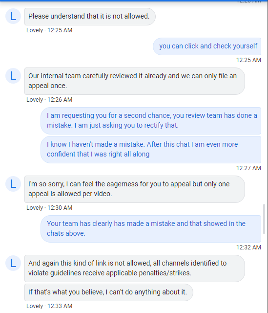 ModernCentric's tweet photo. Few more screenshots from the @TeamYouTube support representative. If this is the case then what's the point of Live Chat for YPP. https://t.co/RqQPz0VdPw