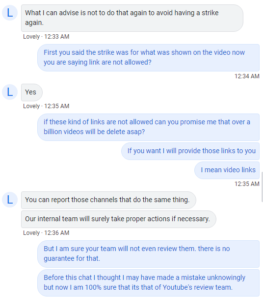 ModernCentric's tweet photo. Few more screenshots from the @TeamYouTube support representative. If this is the case then what's the point of Live Chat for YPP. https://t.co/RqQPz0VdPw