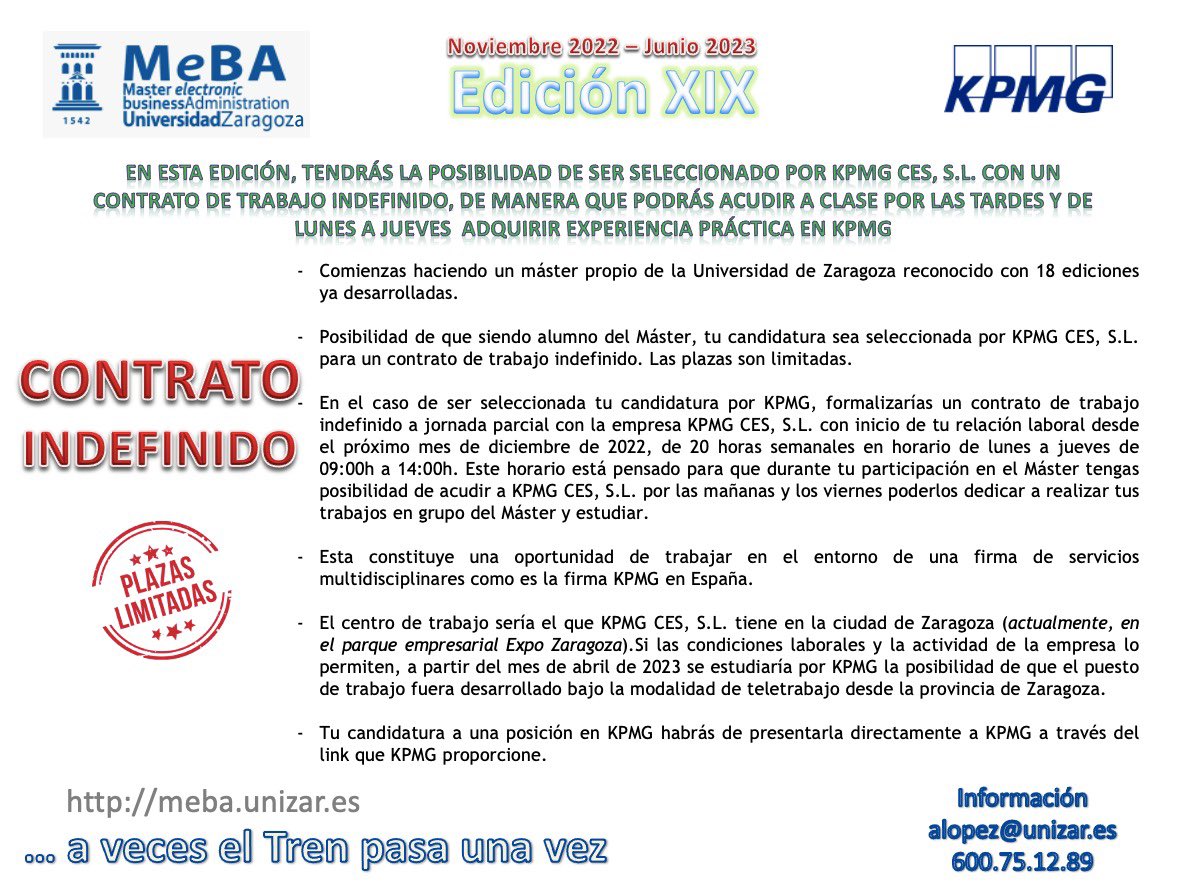 ¿Te apetece trabajar por la mañana y estudiar por la tarde? … puedes hacerlo en <a href="/KPMG_ES/">KPMG España</a> y estudiar el <a href="/MeBAunizar/">MeBA</a> de la <a href="/FECEM_unizar/">Facultad de Economía y Empresa</a> en la <a href="/unizar/">Universidad Zaragoza</a> EDICIÓN XIX #ecommerce