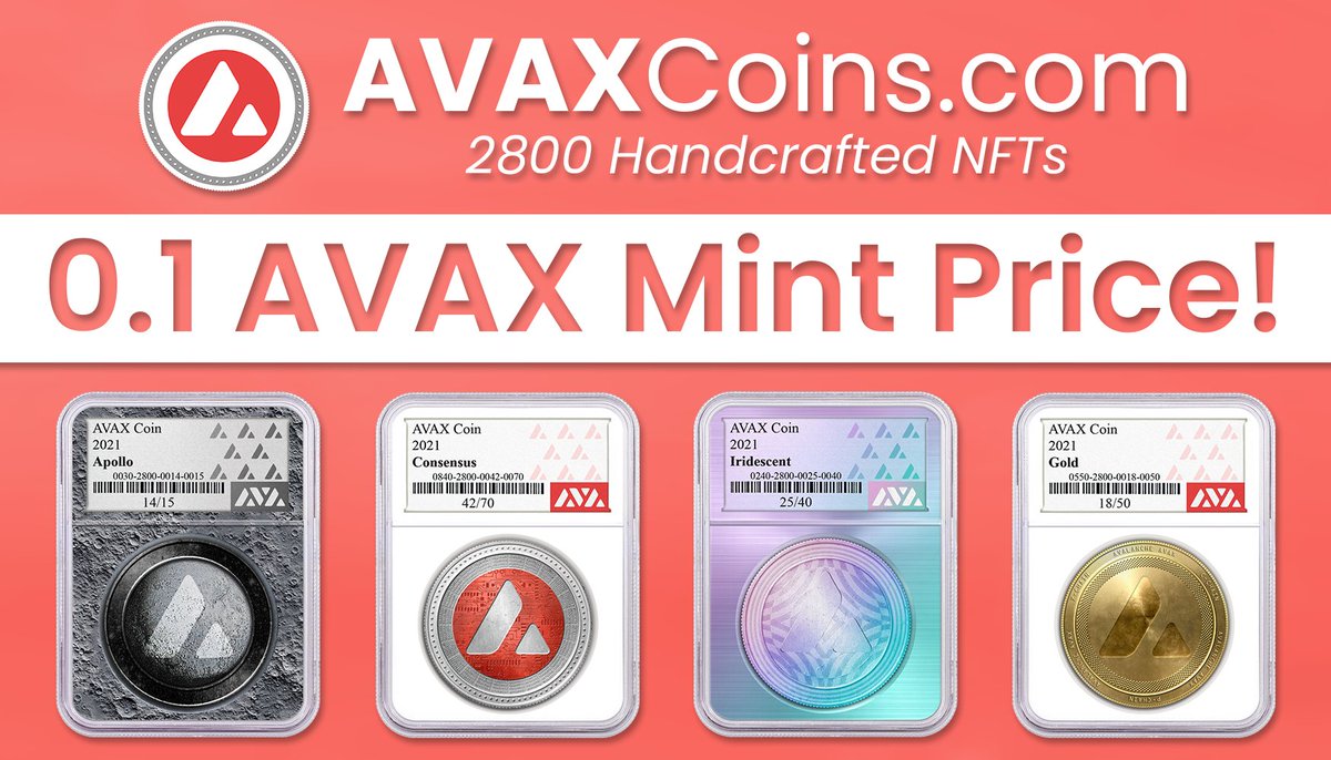 AvaxCoins's tweet photo. Mint Price Lowered! 📉

0.1 #AVAX Each (890 Remaining) 🪙

https://t.co/5z0ieH2xkh 

#Avalanche #NFTs #AVAXNFT #AvaxCoins https://t.co/wVbAdQhmE8