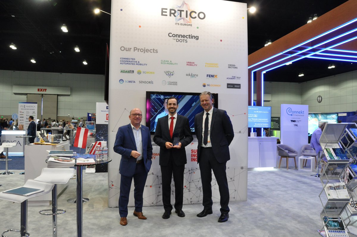 ERTICO_CEO's tweet photo. It is with great pleasure I give the #ITSWC2022 Hall of Fame Industry Award to @ASFINAG, nominated for their Vision 2030 and for being a reliable, innovative and sustainable mobility partner in Austria. Congratulations! https://t.co/A3BFwSt64r