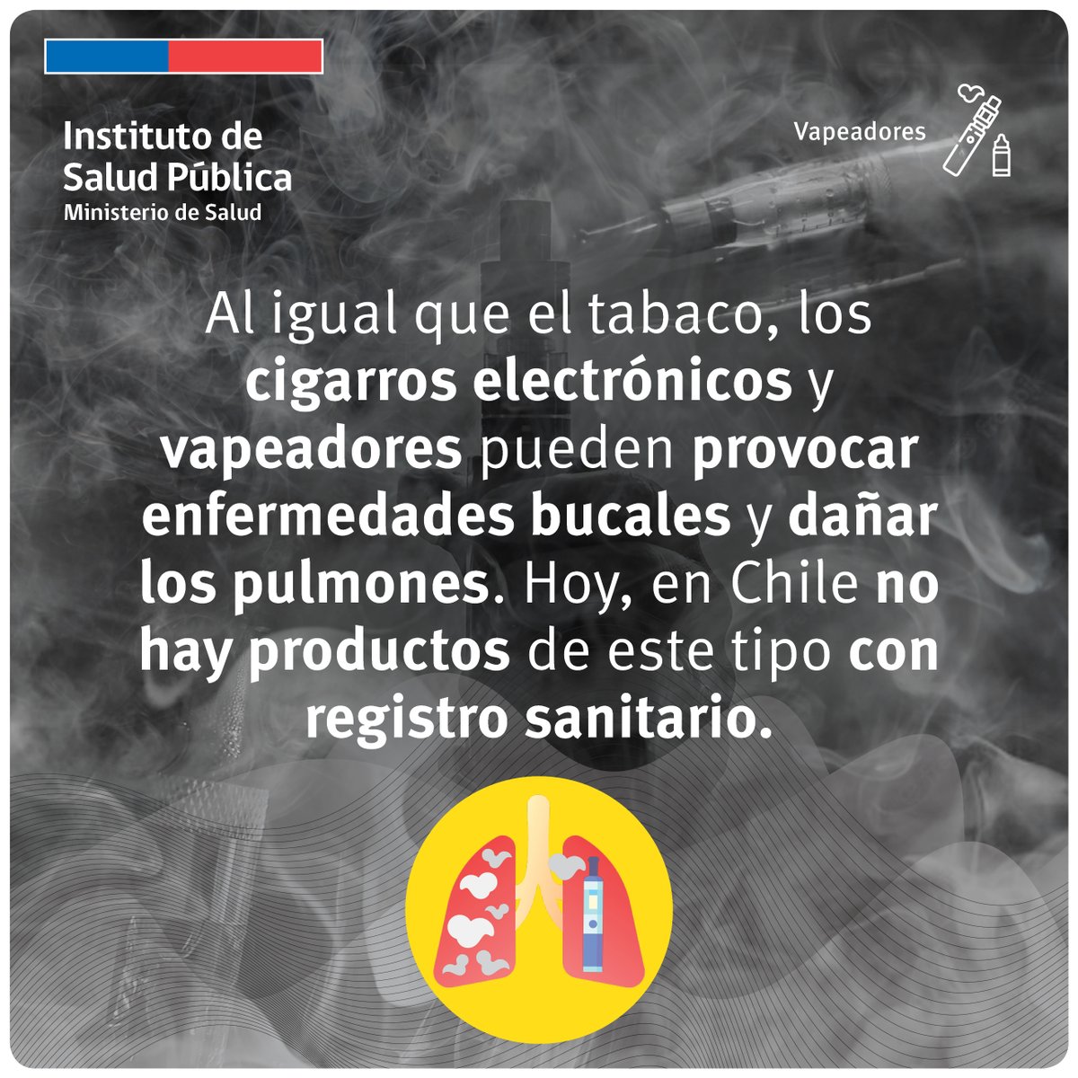 ispch's tweet photo. Todo elemento o producto que genere una combustión, pone en riesgo la salud de las personas. Los vapeadores o cigarros electrónicos con nicotina actualmente no tienen autorización de comercialización.

Más información en: https://t.co/aJodKpLIk4 https://t.co/dLL58QextI