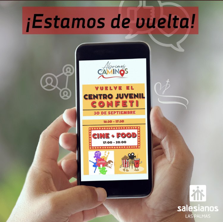 cjconfeti's tweet photo. ¡El CJ Confeti vuelve a abrir sus puertas! Les esperamos este 30 de septiembre de 17:00 a 20:00. ¡Esperamos verles a todos! #abrimoscaminos #salesianoslaspalmas #salesianosesp #CJConfeti https://t.co/bbFqNQznZY