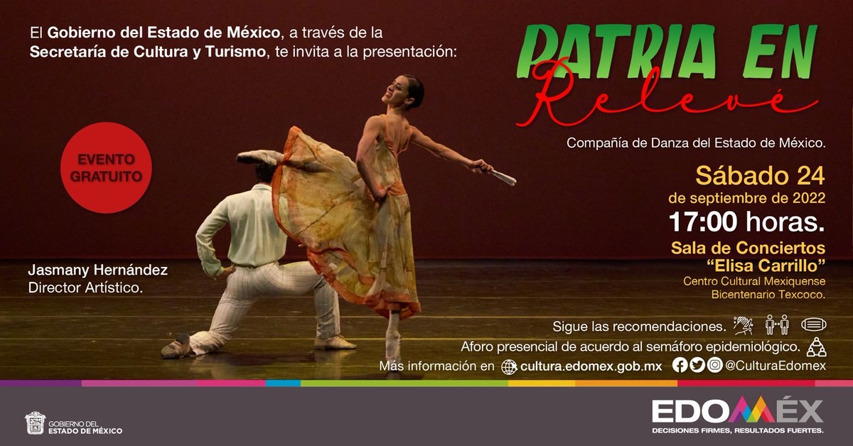 CulturaEdomex's tweet photo. ¡Atención amigas y amigos del #ValleDeLosVolcanes! La Compañía de @DanzaEdomex 🩰 presenta “Patria en Relevé”, el sábado 24 de septiembre a las 17:00 horas en Sala de conciertos "Elisa Carrillo" del @ccmbcultura.
Entrada libre sin boleto.
¡Te esperamos! https://t.co/fpJMuaXppW