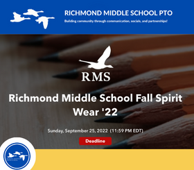 The RMS Spirit Wear Store is open! Thank you to the PTO for organizing our spirit wear.  The deadline is 9/25/2022: fcrms.itemorder.com/shop/home/