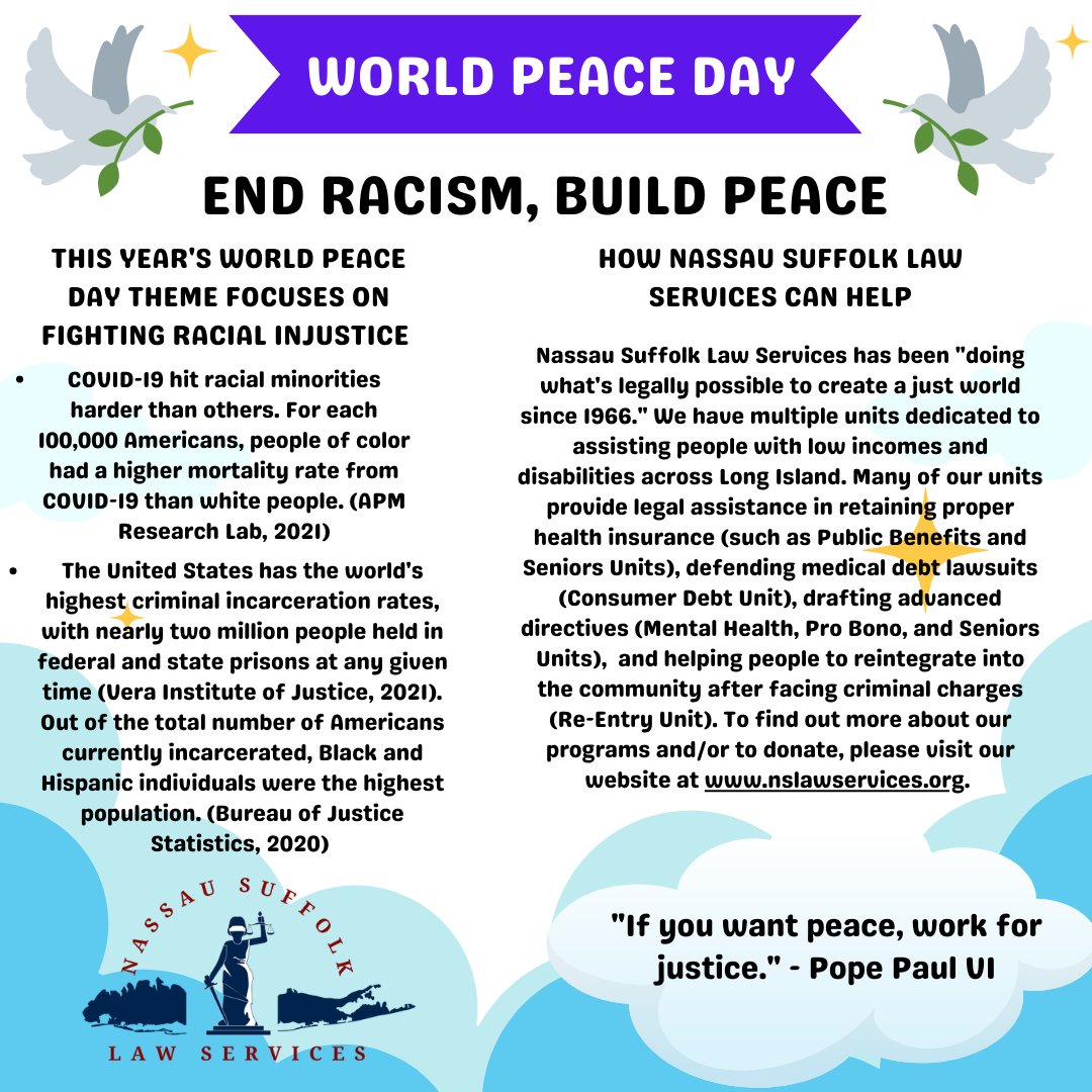 LegalServicesLI's tweet photo. Happy World Peace Day from Nassau Suffolk Law Services! https://t.co/RxyfAYZDbU #WorldPeaceDay #EndRacismBuildPeace #InternationalDayOfPeace https://t.co/Fm2LkUB9eL