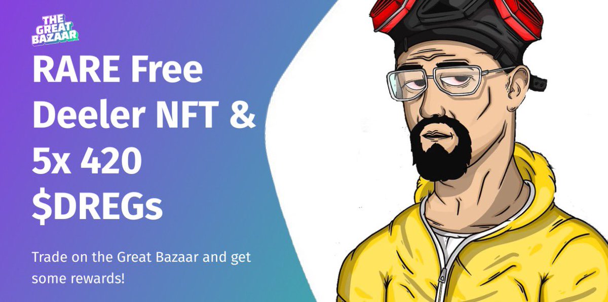 We are giving away a RARE <a href="/DeelerzNFT/">Deelerz 💊 | Deel With It</a> NFT and 5*420 $DREG

To enter:

1️⃣ Trade ANY token on our platform (no matter how small the trade is) at 
thegreatbazaar.xyz

2️⃣ Follow <a href="/GreatBazaarNFT/">The Great Bazaar</a> &amp; RT this post

Winner will get RANDOMLY picked next Wednesday!🔥