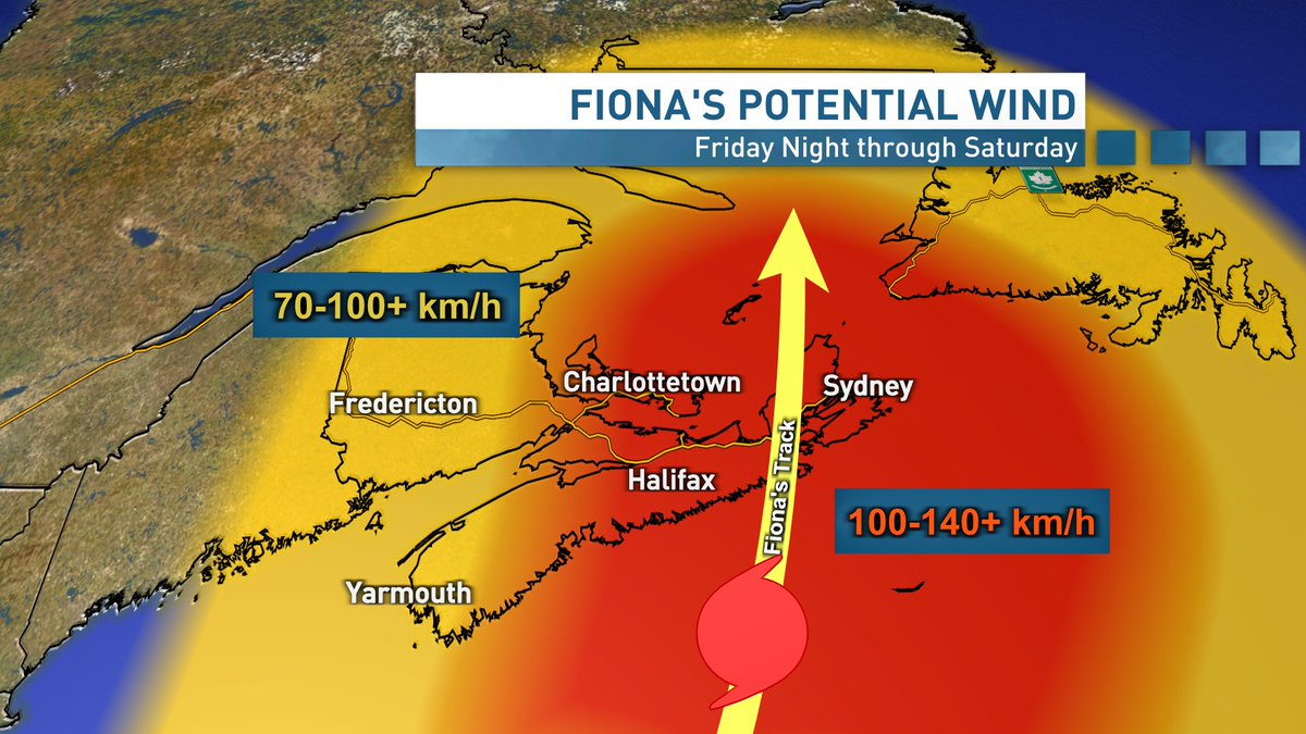 JayScotland's tweet photo. Here's my early #Fiona outlook. 100-140+ km/h peak gusts (early Saturday). 50-150+ mm of rain (Thursday night through Saturday). Main concerns are widespread outages, inland/coastal (rain + surge) flooding and damage to structures (wind + water). Subject to change so stay tuned! https://t.co/YEGpnRObdL