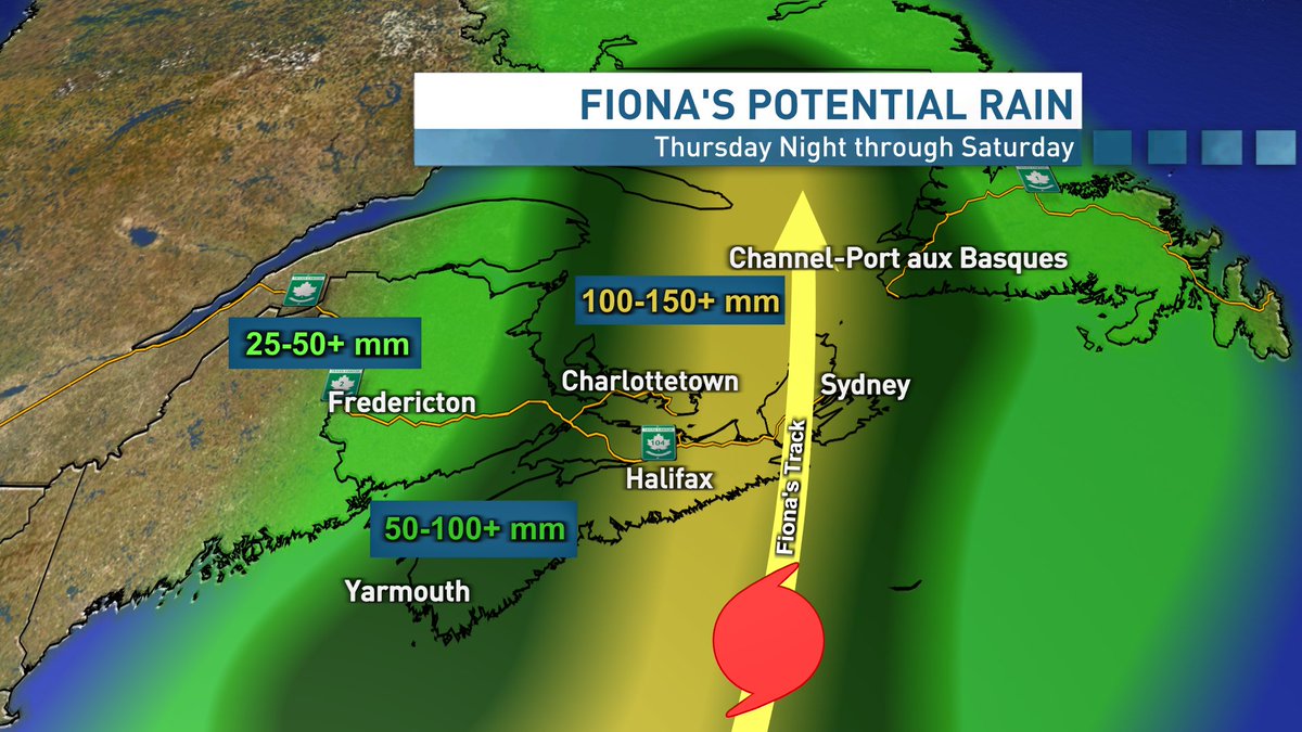 JayScotland's tweet photo. Here's my early #Fiona outlook. 100-140+ km/h peak gusts (early Saturday). 50-150+ mm of rain (Thursday night through Saturday). Main concerns are widespread outages, inland/coastal (rain + surge) flooding and damage to structures (wind + water). Subject to change so stay tuned! https://t.co/YEGpnRObdL