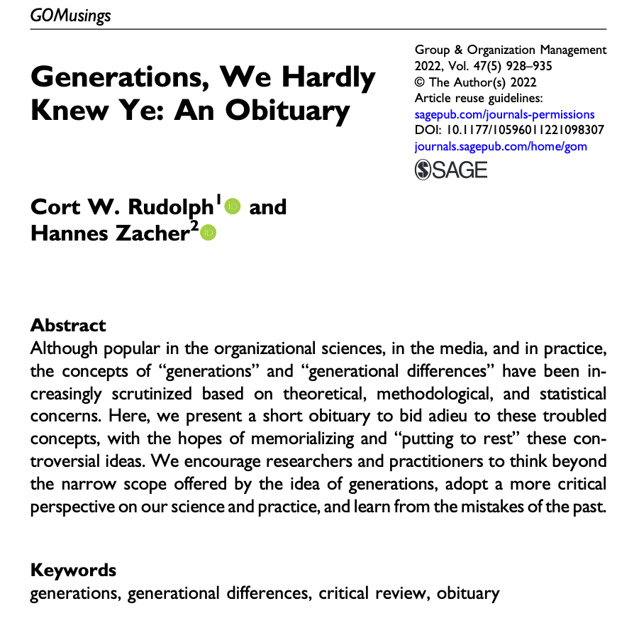 Ethan Mollick (@emollick) on Twitter photo "What follows is our obituary for the concept of generations."
Millennials, Gen Z, Gen X... all garbage labels without validity. They don't help us predict how people work or act, and they hurt our understanding of people change over time. via <a href="/rskudesia/">Ravi S. Kudesia</a> psyarxiv.com/nrmka "What follows is our obituary for the concept of generations."
Millennials, Gen Z, Gen X... all garbage labels without validity. They don't help us predict how people work or act, and they hurt our understanding of people change over time. via <a href="/rskudesia/">Ravi S. Kudesia</a> psyarxiv.com/nrmka