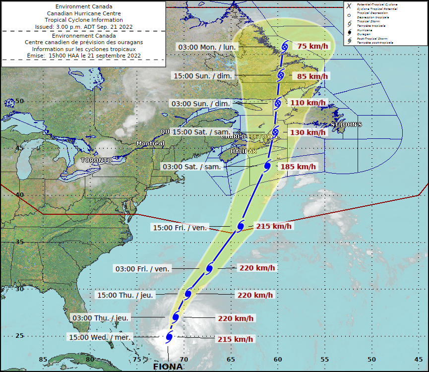 JayScotland's tweet photo. Here's my early #Fiona outlook. 100-140+ km/h peak gusts (early Saturday). 50-150+ mm of rain (Thursday night through Saturday). Main concerns are widespread outages, inland/coastal (rain + surge) flooding and damage to structures (wind + water). Subject to change so stay tuned! https://t.co/YEGpnRObdL