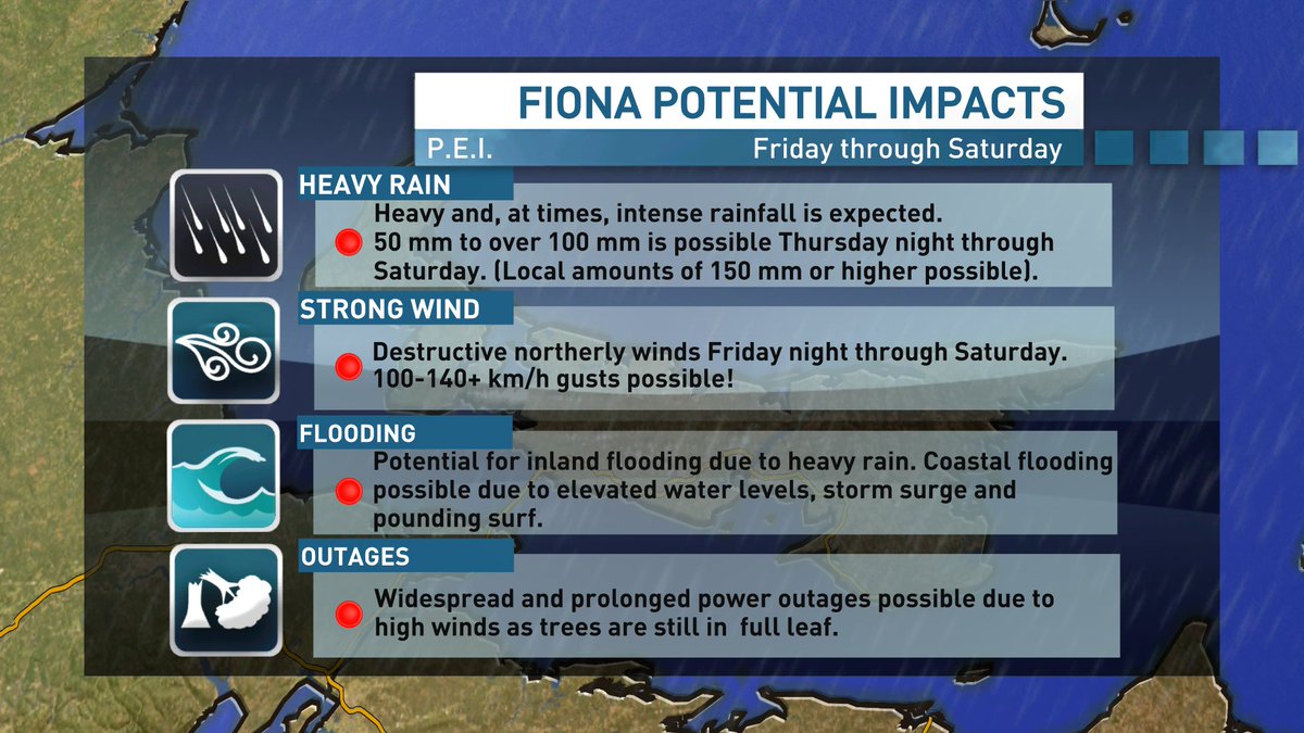 JayScotland's tweet photo. Here's my early #Fiona outlook. 100-140+ km/h peak gusts (early Saturday). 50-150+ mm of rain (Thursday night through Saturday). Main concerns are widespread outages, inland/coastal (rain + surge) flooding and damage to structures (wind + water). Subject to change so stay tuned! https://t.co/YEGpnRObdL
