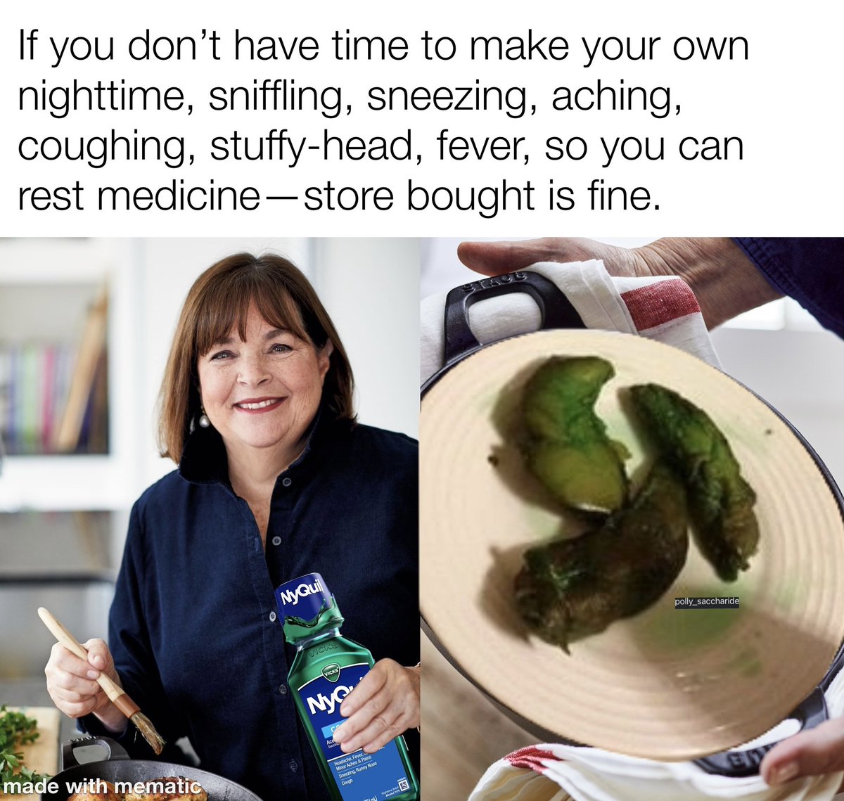 summergenetti's tweet photo. Ina Garten perfected NyQuil Chicken before it was trendy.  #NyQuilChickenChallenge #storeboughtisfine https://t.co/W1QxJHkkdw