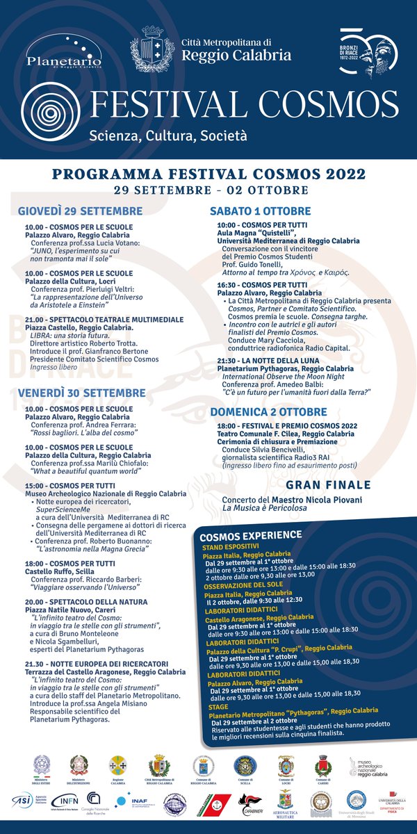 gfbertone's tweet photo. Join us 29/9 - 2/10 in Reggio Calabria, southernmost tip of mainland Italy, for the Cosmos Science Festival . Grand finale on 2/10 with @PremioCosmos award ceremony + concert of Nicola Piovani (Oscar prize for the score of Benigni's La Vita è bella) https://t.co/1UDHZBFOb8 https://t.co/JeI1rFKhNr
