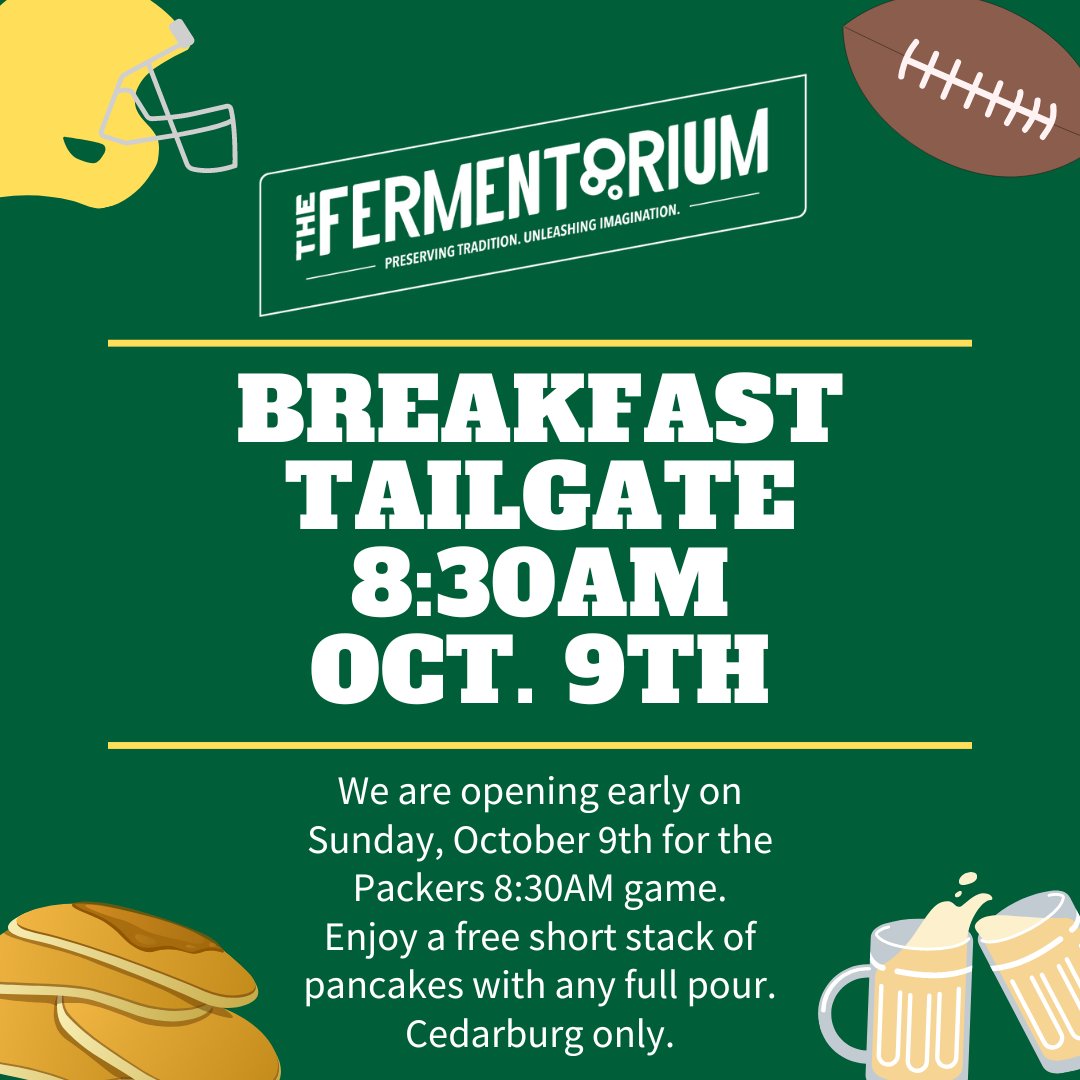 Mark your calendar! On Sunday, October 9th, we are opening at 8:30AM for the Packers game in London. Enjoy a free short stack of pancakes with the purchase of any full pour. Cedarburg location only. #packers #nfl #london #tailgate #freepancakes #drinklocal #wibeer #sundayfunday