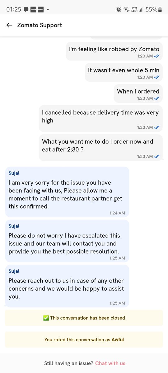 _deedev's tweet photo. @zomato @zomatocare What is this CS behaviour? How can you just close the chat without giving a satisfactory resolution. I've been robbed by Zomato for my order which got cancelled within 5min of order because delivery time was very high. And you people have took all the money. https://t.co/sMIbq5Qb9H