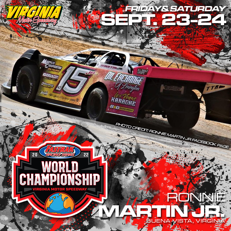 vamotorspeedway's tweet photo. 𝐋𝐄𝐆𝐄𝐍𝐃 𝐈𝐍 𝐓𝐇𝐄 𝐌𝐀𝐊𝐈𝐍𝐆 - Ronnie Martin Jr of Buena Vista, VA is headed to Virginia Motor Speedway for the $50,000 to win FASTRAK World Championship September 23-24. This is one show you will not want to miss! https://t.co/seZCbbhzP5