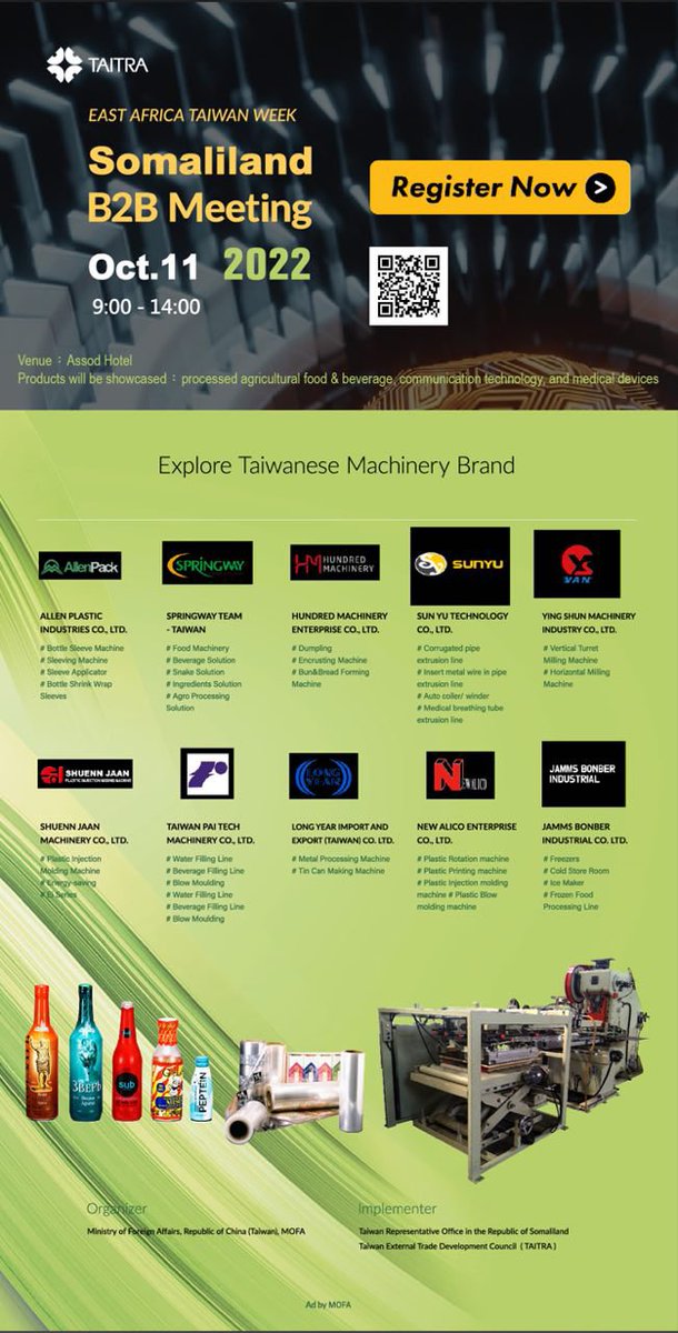 East Africa-Taiwan Week - Somaliland B2B Meeting

Registration for B2B meeting on October 11th from 9am to 2pm in Assod Hotel
docs.google.com/forms/d/e/1FAI…