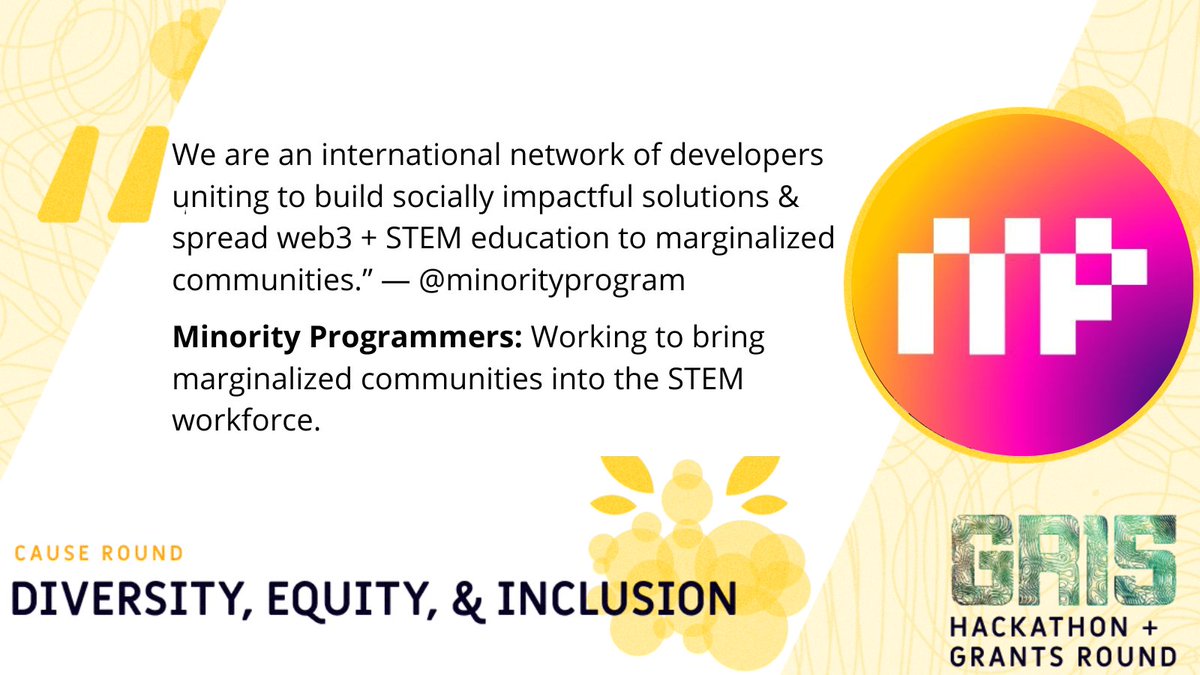 #GR15 closes tomorrow, Thurs. Sept 22nd! 👀

Before then, you can support DEI projects like <a href="/minorityprogram/">MinorityProgrammers</a>, a global network of devs unified to spread STEM education &amp; build socially impactful dApps: gitcoin.co/grants/7206/mi…

Other amazing projects here: gitcoin.co/grants