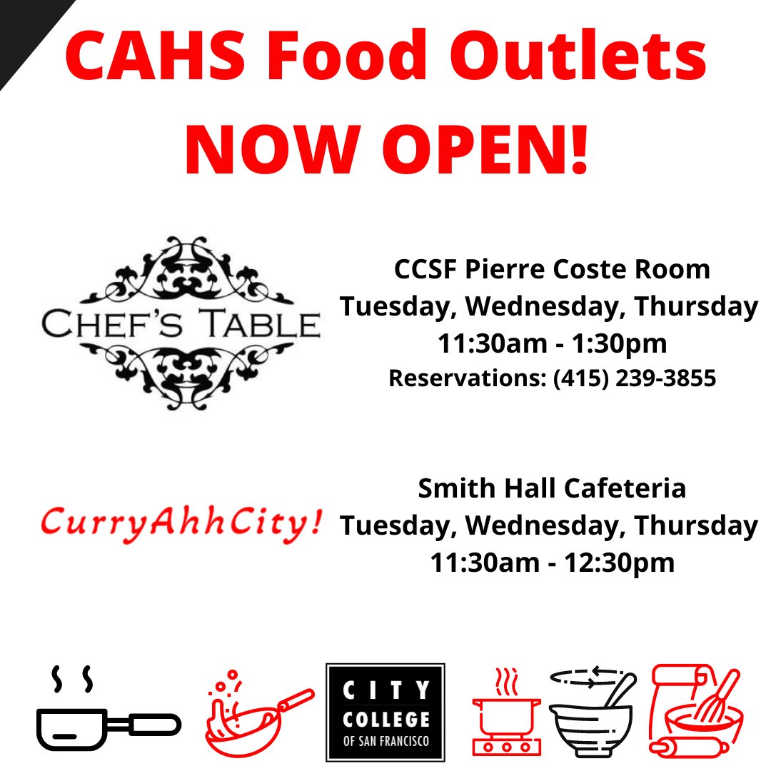 OfficialCCSF's tweet photo. Food is fuel and @ccsfculinary is here to fill you up! Our Culinary Arts and Hospitality Studies Department has two food outlets now open. Stop by between classes for a delicious meal prepared by your fellow #CCSFRams.
#CCSF #CulinaryArts #HospitalityStudies @CCSFCulinaryPCR https://t.co/QzsdW3seVs