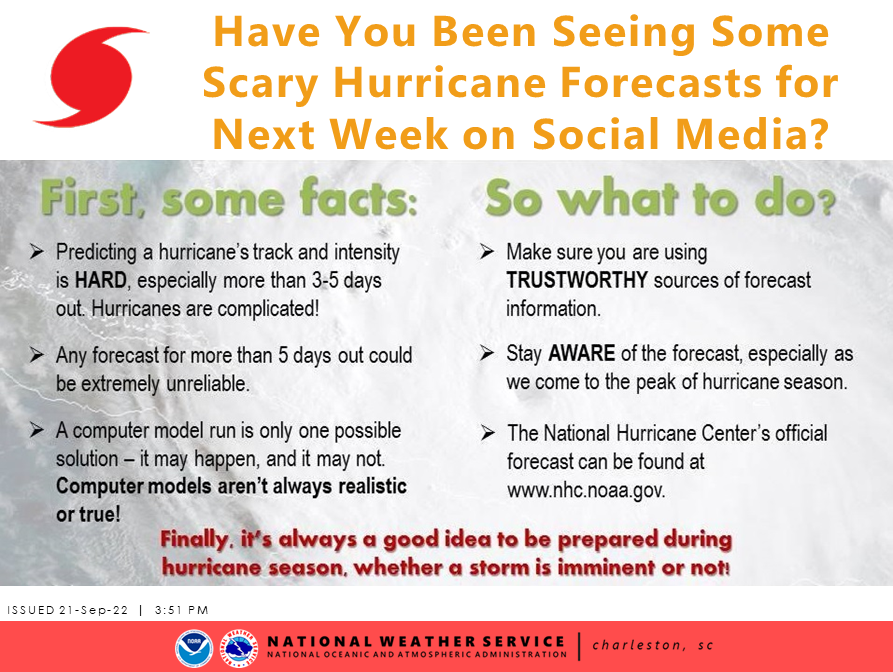 NWSCharlestonSC's tweet photo. Have you been seeing forecasts on social media showing a hurricane impacting the SE U.S. in 7-10 days? Avoid the hype. 

Is there a system @NHC_Atlantic is monitoring that will move across the Caribbean Sea? Yes.

Will it impact us locally? Its too soon to speculate.
#scwx #gawx https://t.co/cB7WDXMIaZ