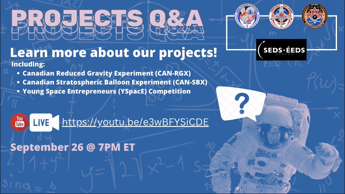 sedscanada's tweet photo. Want to learn more about our Projects at SEDS Canada?🚀
Are you willing to apply and build your expertise?💪
Come ask your questions on the Projects Q&amp;A Session on September 26 @ 7PM ET
Join us here: https://t.co/eaHKVIrFfk

#seds #sedscanada #projects #cansbx #canrgx #yspace https://t.co/I5EDy3Rp3O
