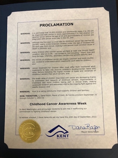 SeeFdn's tweet photo. Thank you to @cityofkent for inviting us for the Childhood Cancer Awareness Week Proclamation. We appreciate the support of Mayor Ralph and the entire city council. What a great honor to families in crisis. https://t.co/W9RGHTbiIm