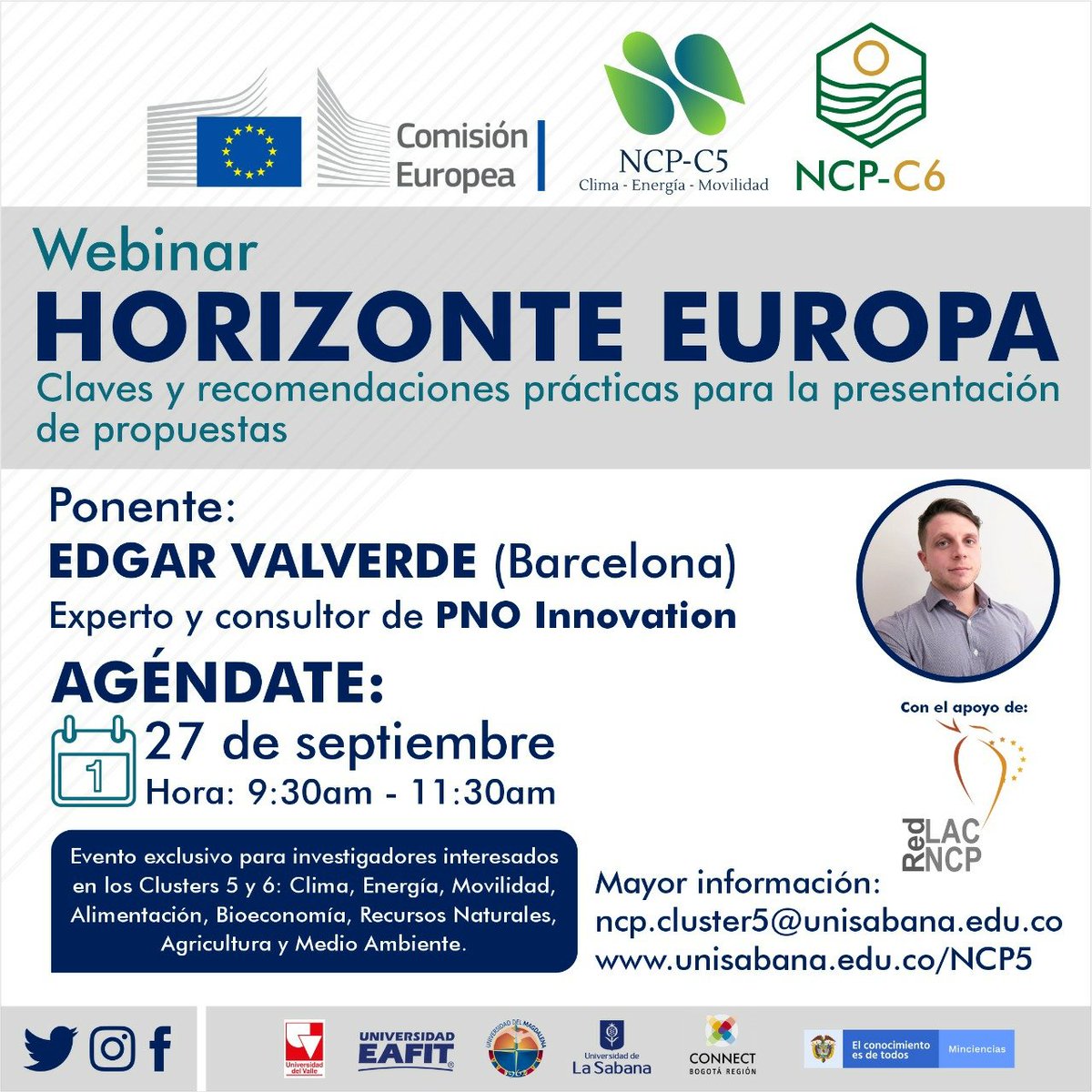 acnavascalixto's tweet photo. Taller: #HorizonteEuropa🇪🇺 - #Clima #Energía #Movilidad #Agro #Bioeconomía #Alimentos #Agua #Oceanos
📆Martes 27 de septiembre
🕜9:30 a.m. a 11:30 a.m. (GTM-5)
🔗Enlace para el registro: https://t.co/EhlwC8brNN
NCPs #Clúster5 y #Clúster6 https://t.co/V64DwMvqAP