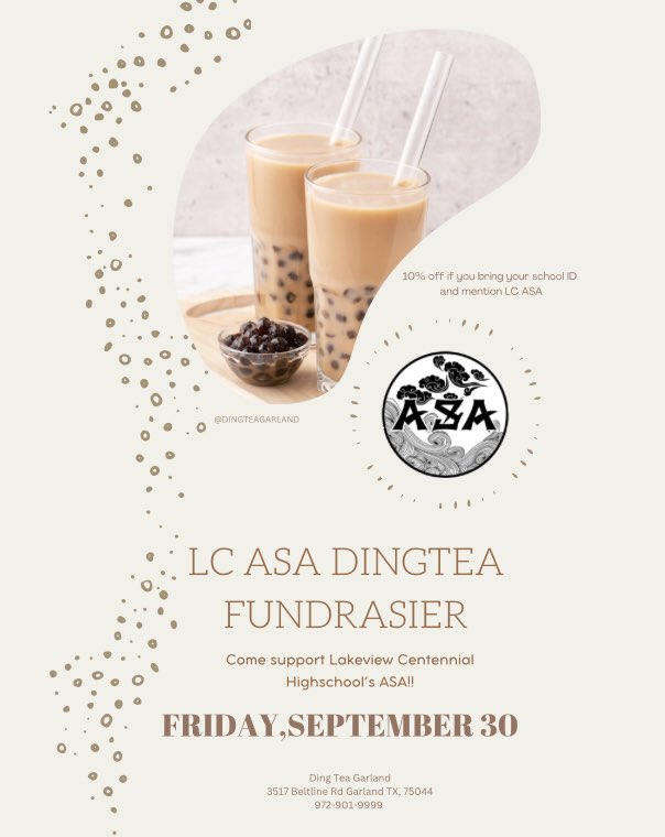 LCHS_AsianSA's tweet photo. We will be hosting another ding tea fundraiser!! Friday, September 30 and make sure to bring your school ID and mention LC ASA for 10% off🙌🏼 cant wait to see all of you there🧋 https://t.co/rft9T4VGCp