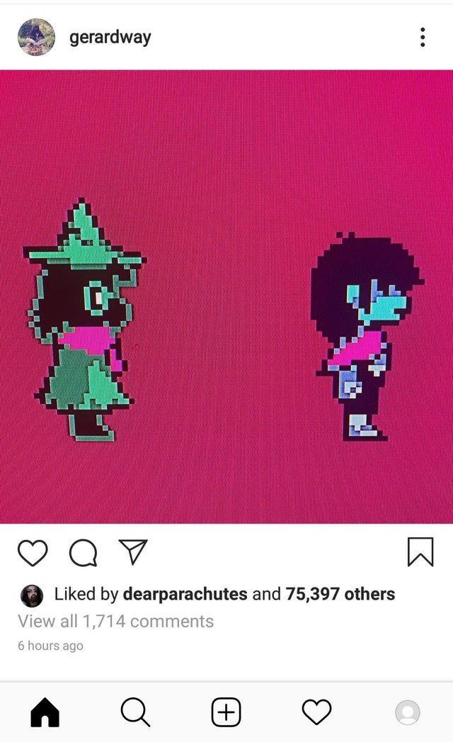dailytobytrivia's tweet photo. (Unknown Date) Gerard Way (lead singer of "My Chemical Romance") appears to be a fan of Deltarune as he shares a photo of Kris and Ralsei on his Instagram account. https://t.co/uZBL61Ztcl