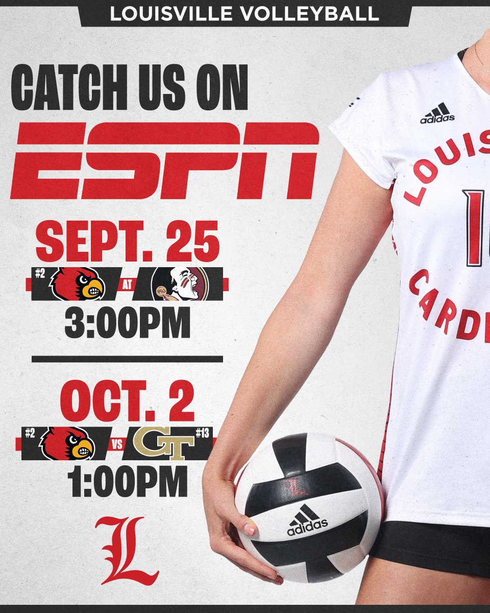 LouisvilleVB's tweet photo. Back-to-back Sunday's on ESPN 📺

Important channel &amp; time changes made to our matches against FSU &amp; Georgia Tech! 

Details: https://t.co/ZpPhg4JUHh

#GoCards https://t.co/R3fi5LL19T