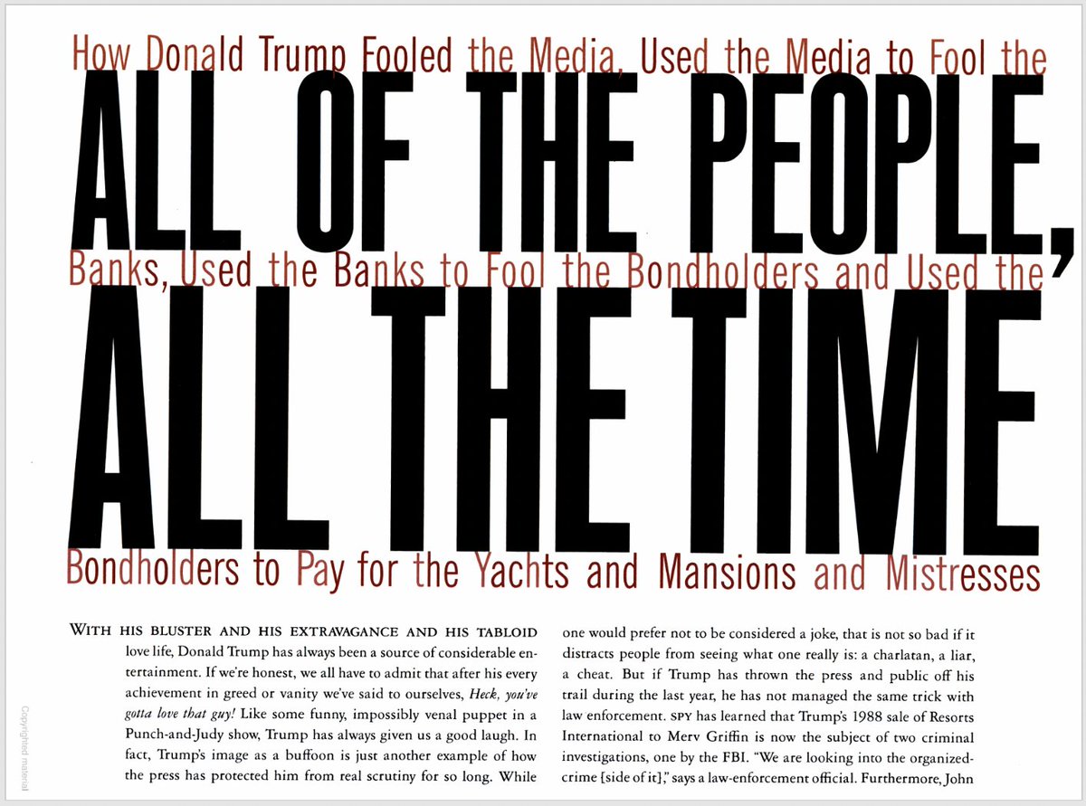 KBAndersen's tweet photo. A 9-page investigative article about Donald Trump's fraudulent financial schemes in the April 1991 issue of SPY magazine, 3 months before he filed for bankruptcy the first time. https://t.co/XV8pLapPUK https://t.co/DkGvX60SIN