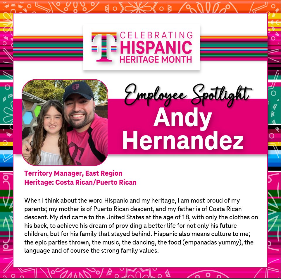 For our first Hispanic Heritage Month spotlight, meet @MagentaAndy21, Territory Manager in the East Region. Thank you, Andy, for sharing your pride in your Heritage! 🫶 🇨🇷🇵🇷 #HispanicHeritageMonth2022