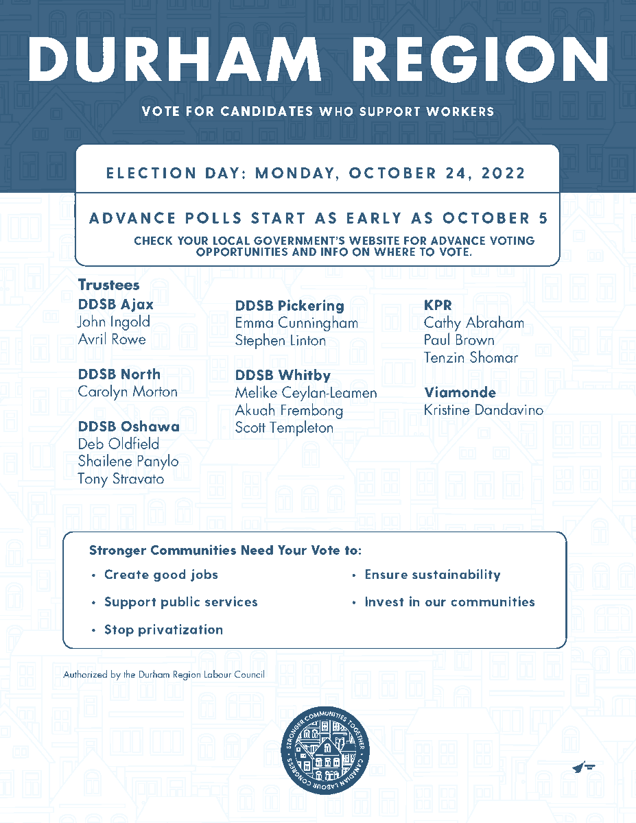 DurhamRegionLC's tweet photo. Local elections matter because they impact services we use every day, from our drinking water and roads to our kids’ education and care for the elderly.

The local candidates listed below have received endorsement from the DRLC for the upcoming Oct 24th elections. https://t.co/XTeftSponD