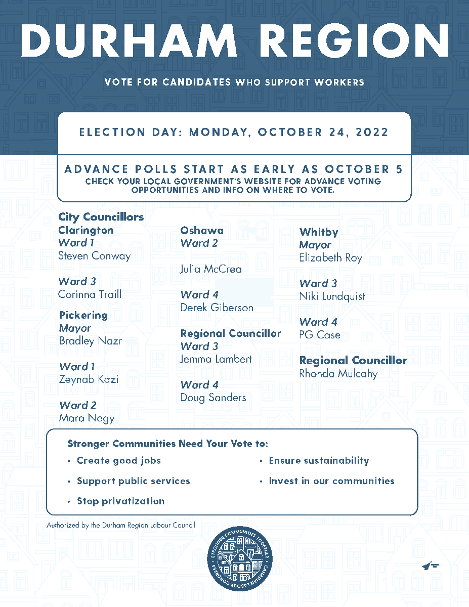 DurhamRegionLC's tweet photo. Local elections matter because they impact services we use every day, from our drinking water and roads to our kids’ education and care for the elderly.

The local candidates listed below have received endorsement from the DRLC for the upcoming Oct 24th elections. https://t.co/XTeftSponD