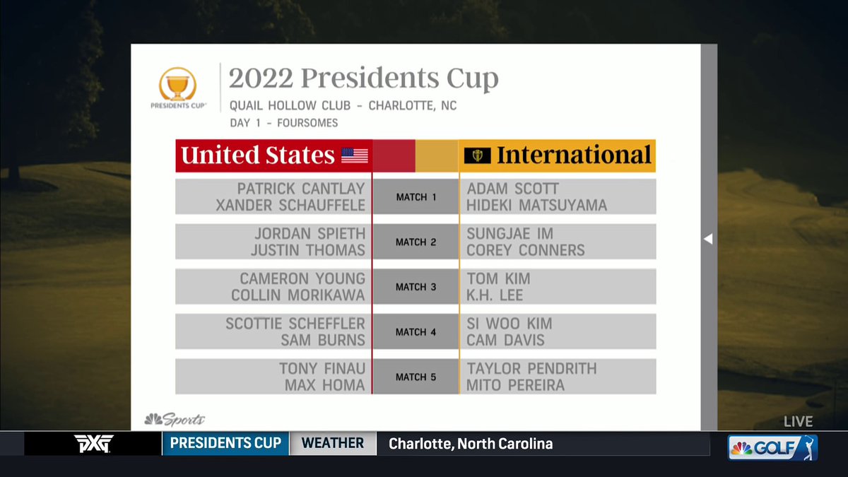 GolfChannel's tweet image. A look at tomorrow's #PresidentsCup foursome matchups. 👀

📺: Golf Channel and @peacock