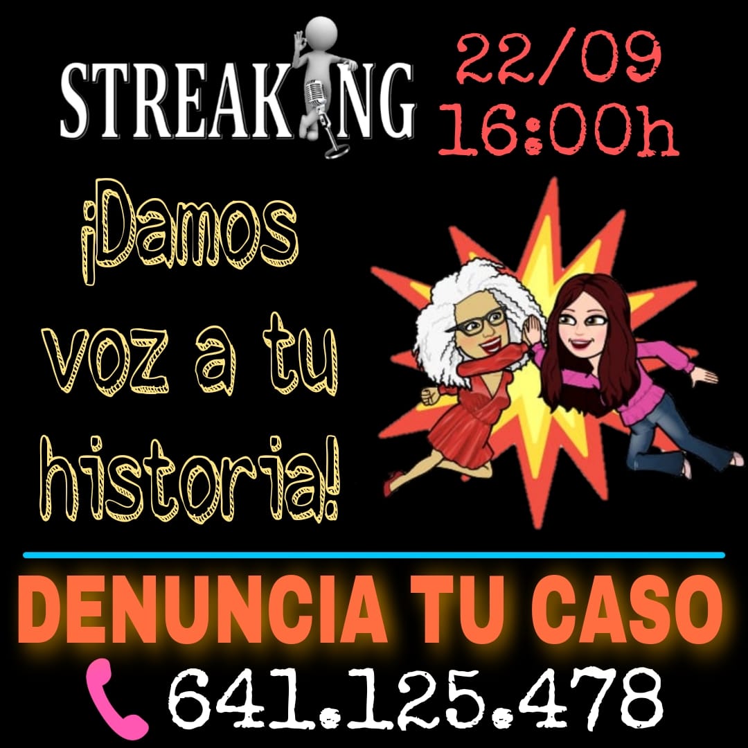 DENUNCIA TU CASO
En #Streaking no resolvemos tu problema,pero le damos visibilidad y nos comprometemos a contactar con profesionales que te orienten. Mañana hablamos con una madre que lucha por la custodia de su hija.
Envíanos tu historia a streaking.radio@gmail.com
☎️641 125 478