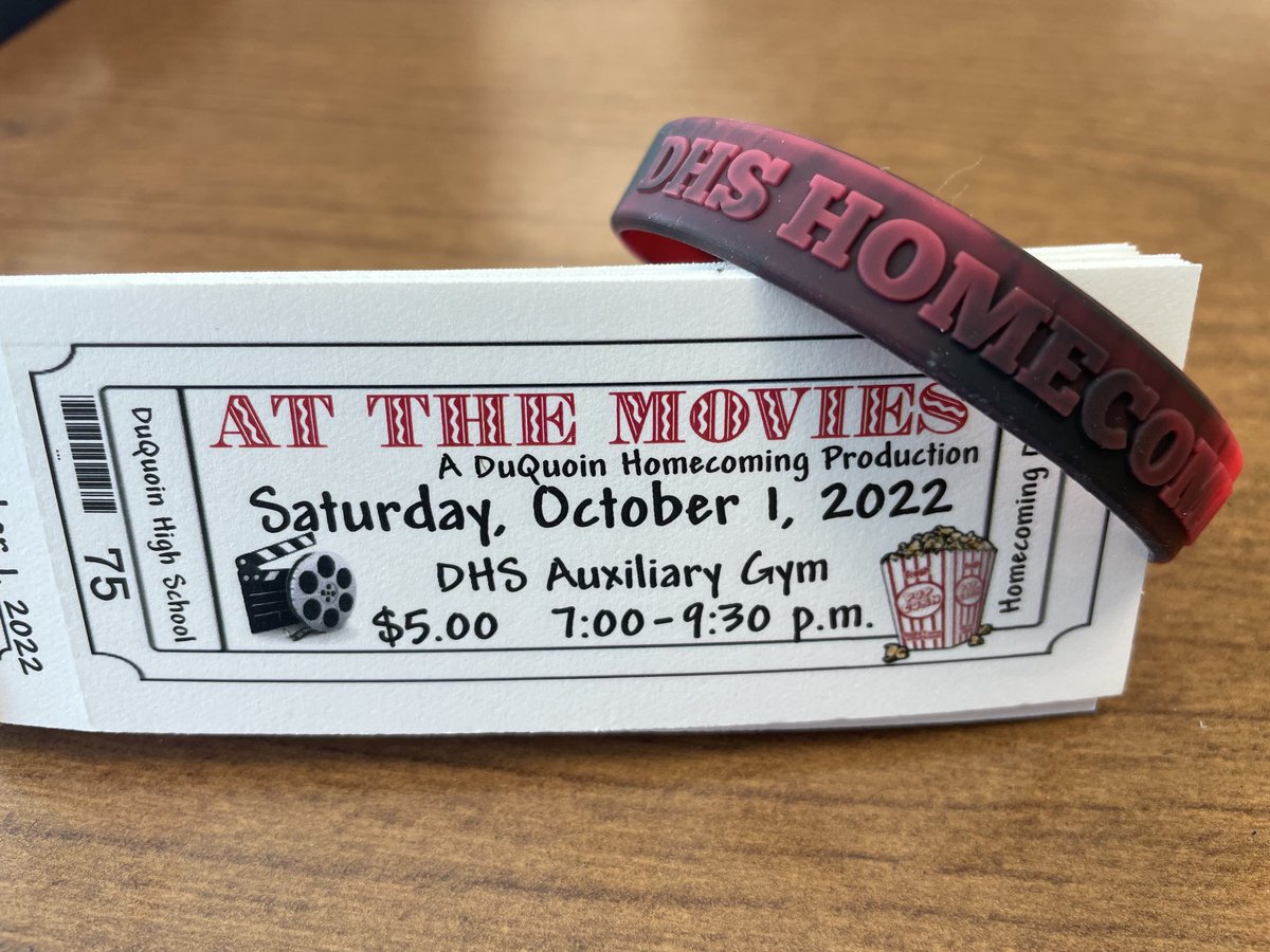 Tickets are on sale now until the end of school on Friday, September 23 in room 210. The first 250 receive a bracelet with their ticket. ⁦<a href="/duquoinHS/">Du Quoin High School</a>⁩ ⁦<a href="/duquoinindians1/">Du Quoin Indians Athletics</a>⁩ ⁦<a href="/DQHypeSquad/">Du Quoin Hype Squad (AKA Pep Club)</a>⁩