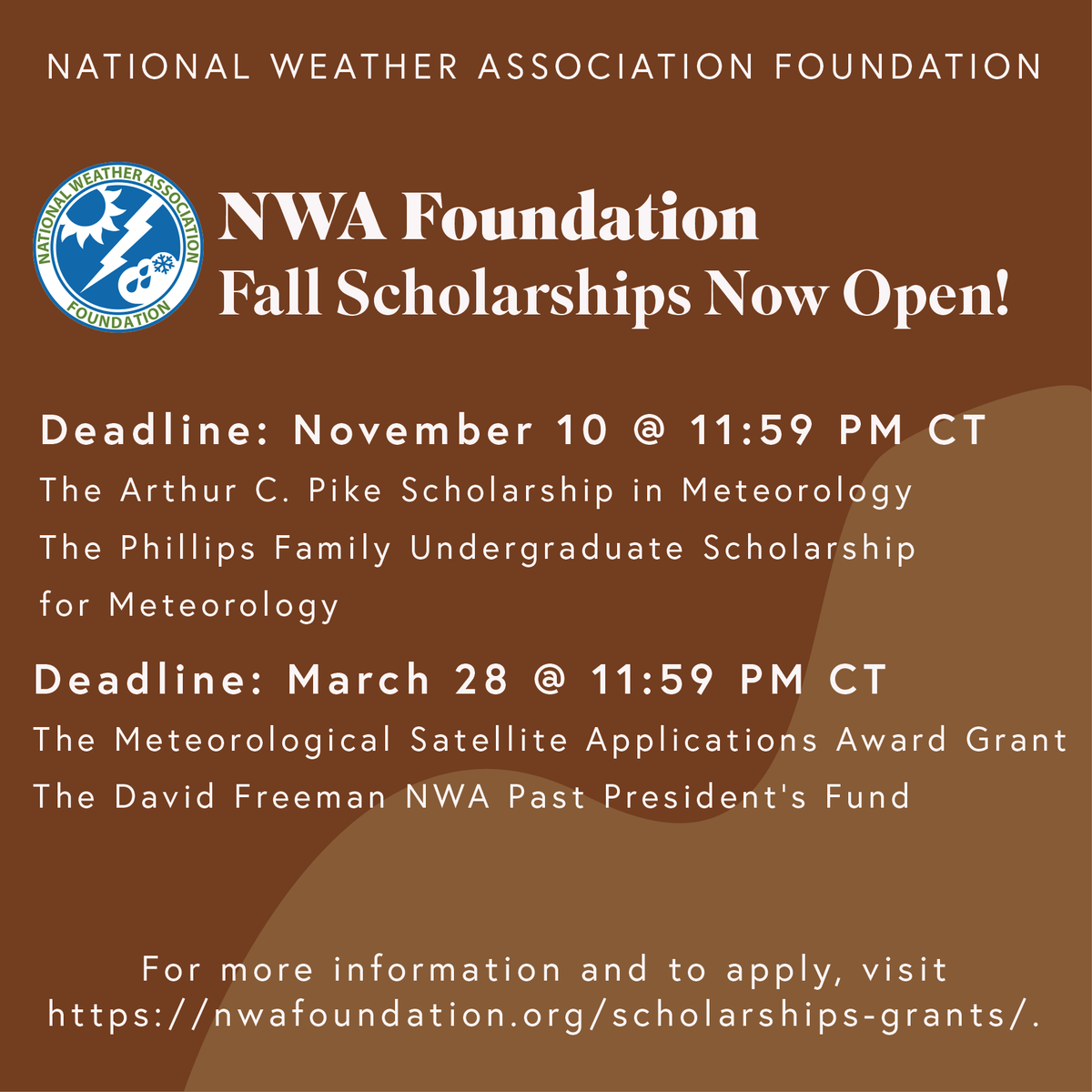 📢Students! The NWA Foundation Fall Scholarships are now OPEN for application! For more info and to apply, visit nwafoundation.org/scholarships-g…. #nwas