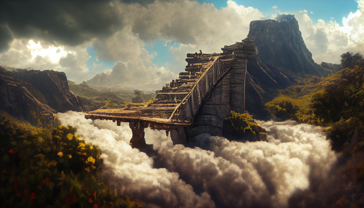 aaronglanfield's tweet photo. mayan styled bridge built over a mountainous landscape with billowing clouds overhead, overgrowth

#theorbsarchive #conceptart

#midjourney

#fantasyart #scifiart #scifimovies

#digitalart #aiart #aiartcommunity
#vfxartist #vfx #filmmaking
#cinematographerlife #fantasy #scifi https://t.co/lh9ba4rbxs