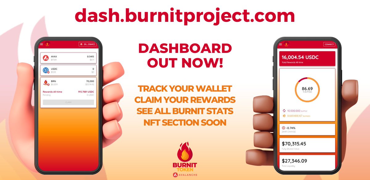 BurnItProject's tweet photo. We are very pleased to announce the first look at our V1 dashboard - your co-pilot to the BurnIT ecosystem. 

🔥 https://t.co/au9bBI09ou 🔥

- Track your wallet with $BRN, $AVAX &amp; $USDC.
- Claim your pending $USDC rewards from holding $BRN.
- See the most important BurnIt stats https://t.co/sxpP7mqBBA