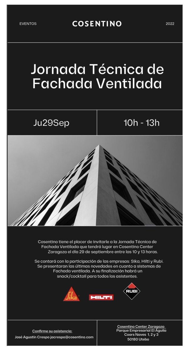DelsoVictor's tweet photo. El próximo jueves día 29 de septiembre COSENTINO #Zaragoza organiza ⁦Jornada Técnica de Fachada Ventilada, donde ⁦@SikaSpain⁩ colaborará presentando sus novedades #SikaTack Panel en sistemas de instalación de #fachadas #ventiladas https://t.co/yy2lZWHJVA
