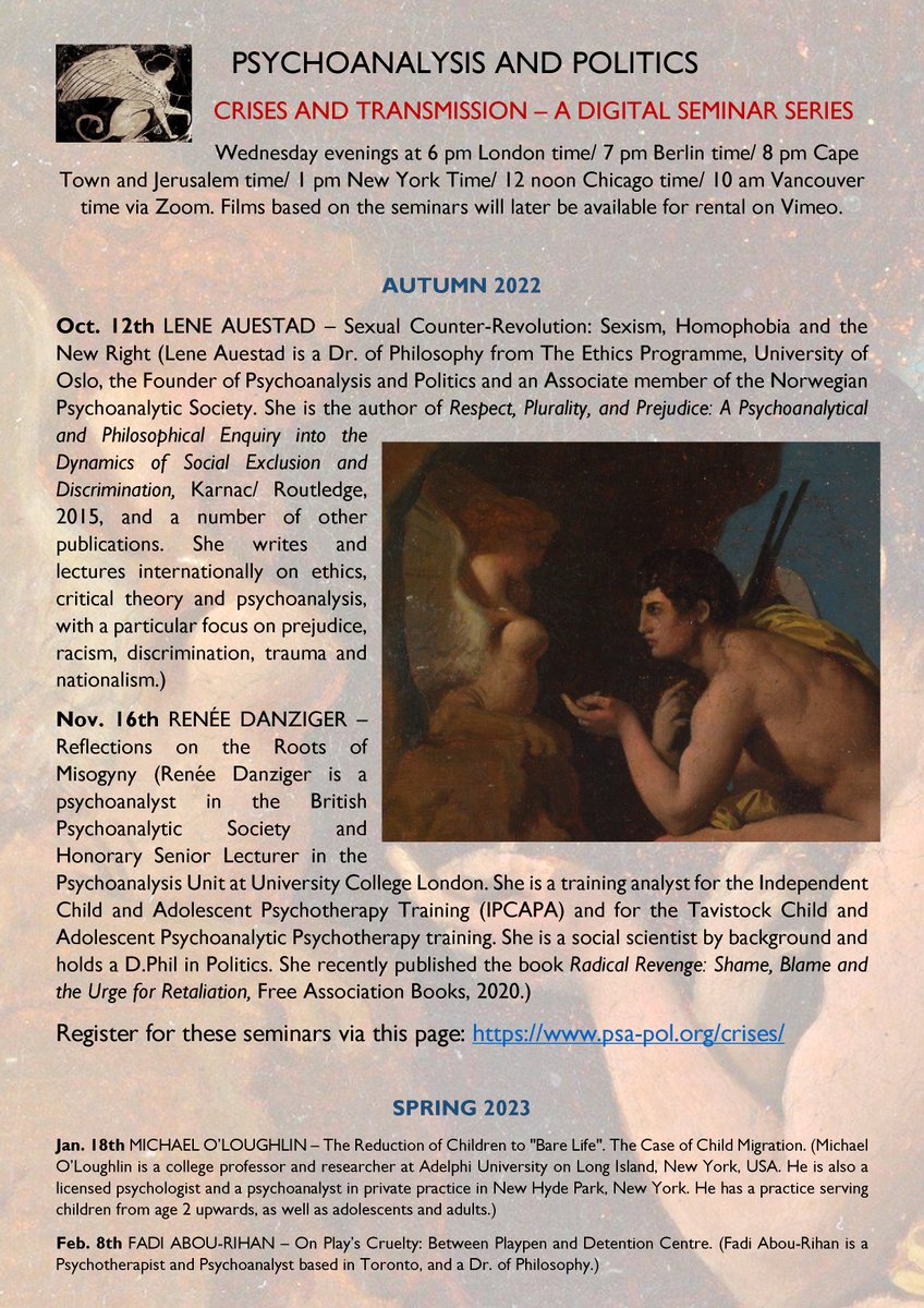 A poster for our forthcoming Psychoanalysis and Politics seminars in our series Crises and Transmission. Register to take part in our dialogues via this page: psa-pol.org/crises/