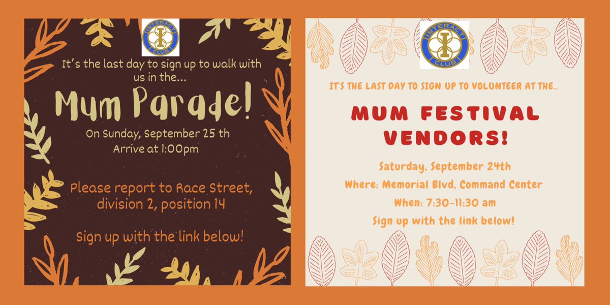 Mum Parade sign up here: docs.google.com/forms/d/e/1FAI…                                Mum Festival Vendors Sign up here:
docs.google.com/forms/d/e/1FAI…