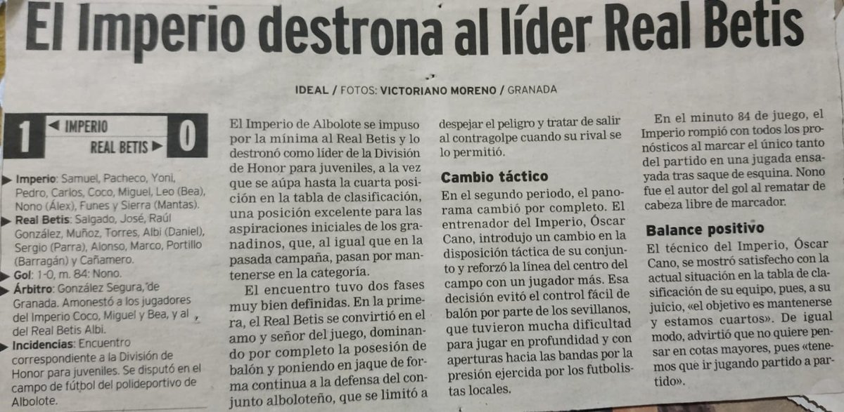 CFImperio's tweet photo. Recorte de prensa del diario Ideal donde cuenta la historica victoria del juvenil del CD Imperio, que estaba dirigido por Óscar Cano, sobre el Real Betis que lideraba la División de Honor
#cdimperio
#historiarojilla https://t.co/qDWRkdj7Py